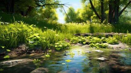 Sunlit serenity-a rocky-bottomed stream winds through a lush green forest under a clear sky.
