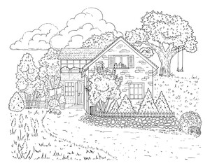 Cottage core coloring page. Cute rustic house with garden yard. Hand drawn black and white line art ink sketch. Rural scene with cozy old cottage anime environment for adult coloring book.
