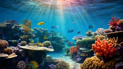 Underwater view of coral reef and tropical fish. Panorama.