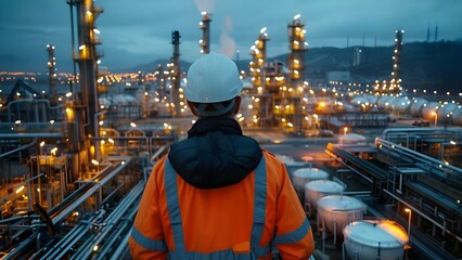 Supervising an Oil Refinery Plant with Storage Tanks, Pipelines, and Security. Concept Oil Refinery Operations, Storage Tank Management, Pipeline Monitoring, Security Protocols - obrazy, fototapety, plakaty