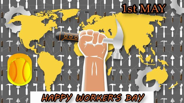 happy workers day greetings with hammer holding hand and world map background. concept for workers day.