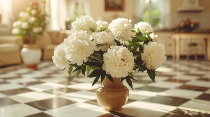   A vase holding white flowers sits atop a checkered tablecloth, its black-and-white pattern echoed by the floor below