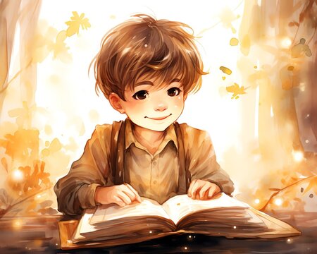Book  Boy reading a book under a golden yellow light  watercolor clipart