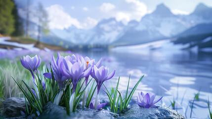 Mountain lake (crocus flowers close-up)