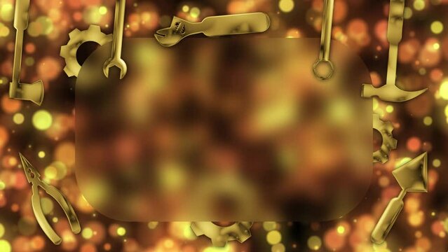 swinging hammer and other labour tools on bright bukeh background with copy space for greetings. concept for international labour day.