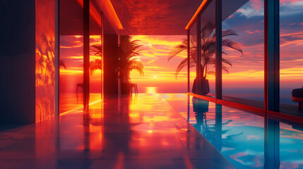 Luxurious poolside lounge at sunset with vibrant skies