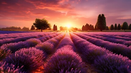 Sunset over lavender field in Provence, France. - obrazy, fototapety, plakaty