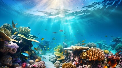 Underwater panorama of the coral reef with tropical fish and sunlight