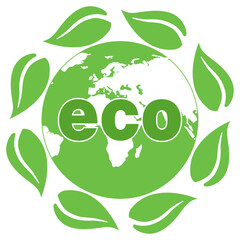 Ecology concept with green leaves around earth globe and eco sign on a white background.
