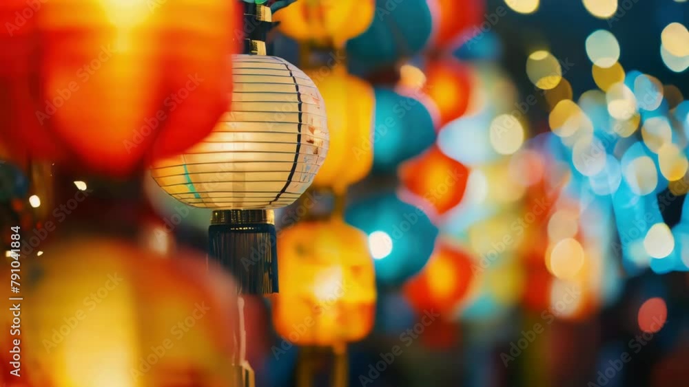 Poster a bunch of colorful lanterns are lit up, creating a warm and inviting atmosphere