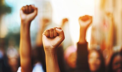 Unity and strength in diversity, raised fists of different skin tones against a blurred city backdrop symbolizing solidarity - AI generated.
