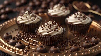   Chocolate cupcakes on gold plate, topped with white frosting and chocolate sprinkles, accompanied by a spoon