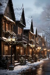 Winter in the city. Winter street with houses and lanterns.