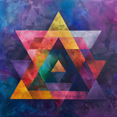 Colorful geometric star on a textured background.