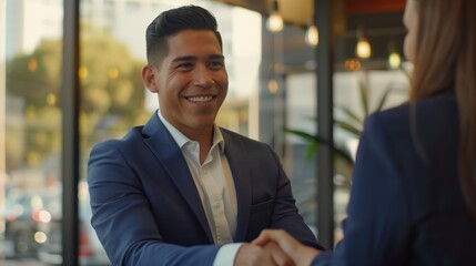 Fototapeta premium Triumphant Hispanic Professional Sealing the Deal with a Handshake in Brightly Lit Office