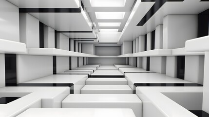 Obraz premium 3d rendering of white and black abstract geometric background. Scene for advertising, technology, showcase, banner, game, sport, cosmetic, business, metaverse. Sci-Fi Illustration. Product display