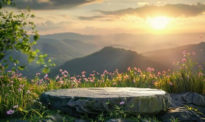 An empty Serene alpine sunrise with a large stone in the foreground for product display, vibrant wildflowers and majestic snow-capped peaks in the soft morning light - AI generated.
