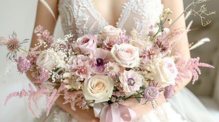   A tight shot of a bride, holding a bouquet of pink and white blossoms She is adorned with a pink ribbon cinching her waist