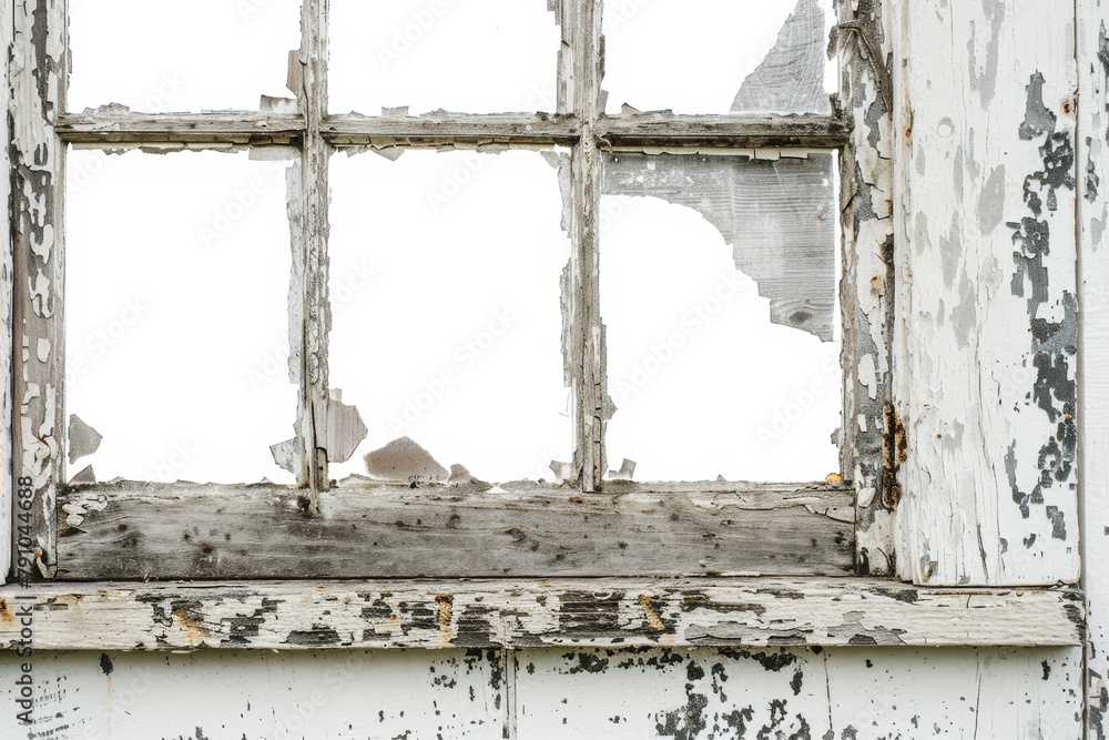 Poster a detailed view of an old window with peeling paint and a broken pane, isolated against a stark whit