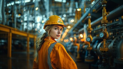 Obraz premium Female Engineer Wearing Safety Gear in Oil and Gas Refinery Surrounded by Machinery, Valves, and Pipelines