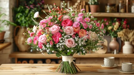   A table holds a bouquet of pink and white blooms, accompanied by a steaming cup of coffee and a vase of more flowers