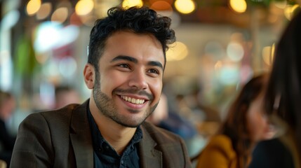 Obraz premium Engaged Conversation Cheerful Hispanic Man in Business Casual at Coffee Shop Meeting