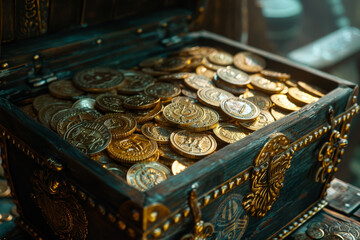 A wooden box filled with gold coins