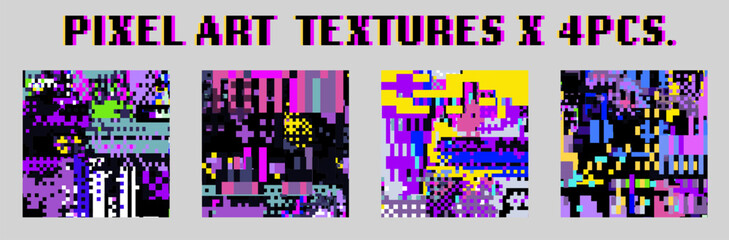 Set of pixel art glitchy textures in bright neon colors. 