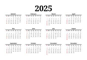 Calendar for 2025 isolated on a white background