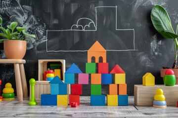 Colorful educational toys in kindergarten playroom with free space and chalkboard mockup