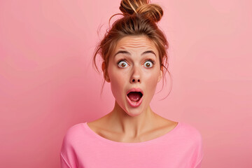 A surprised woman with bulging eyes on a pink background.