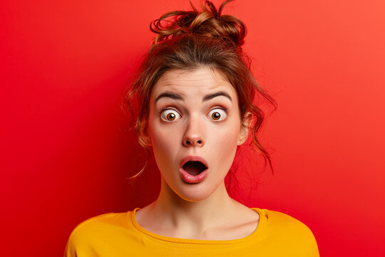 A surprised woman with wide eyes and raised eyebrows on a red background