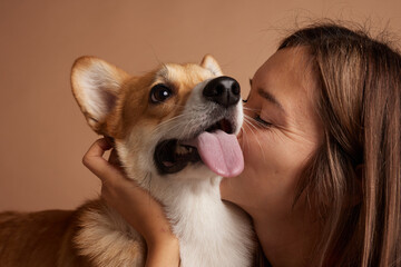 portrait of a girl and a corgi dog on a clean beige background, love for animals