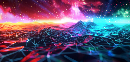 A digital aurora of neon colors over a geometric landscape, embodying the beauty of futuristic connectivity