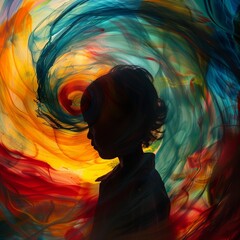 Abstract forms and colors swirling around a child's silhouette, symbolizing the disorienting feel of fever