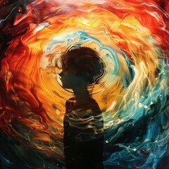 Abstract forms and colors swirling around a child's silhouette, symbolizing the disorienting feel of fever - obrazy, fototapety, plakaty