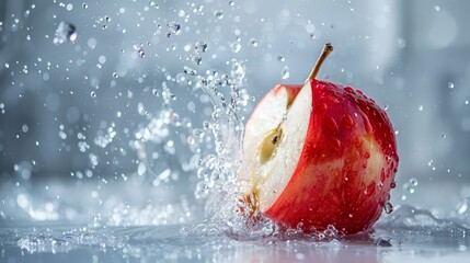 Action shot of an apple being bitten, with a burst of water splash capturing the freshness and vitality - obrazy, fototapety, plakaty