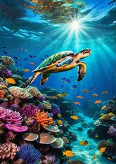 Beneath the crystal-clear waters of the Caribbean, a vibrant underwater world teemed with life, where colorful fish darted among intricate coral reefs. A lone sea turtle gracefully 