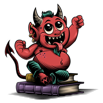 Cute little devil. Vector illustration in engraving technique of small silly devil monster with funny face.