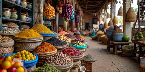 Zanzibar Spice Market: Colorful stalls full of exotic spices, fruits, and local products - obrazy, fototapety, plakaty