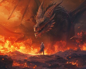 Knight facing a dragon in a fiery landscape