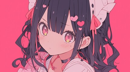 medium shot of 25d cute anime girl with pink backgroun