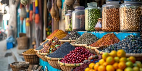 Zanzibar Spice Market: Colorful stalls full of exotic spices, fruits, and local products - obrazy, fototapety, plakaty
