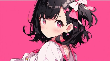 medium shot of 25d cute anime girl with pink backgroun