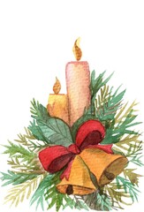 A Christmas candle.Christmas decoration, season,composition of candles and bells