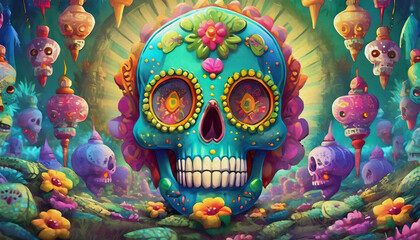 oil painting style cartoon character  multicolored Mexican skull, day of the dead celebration altar, skull