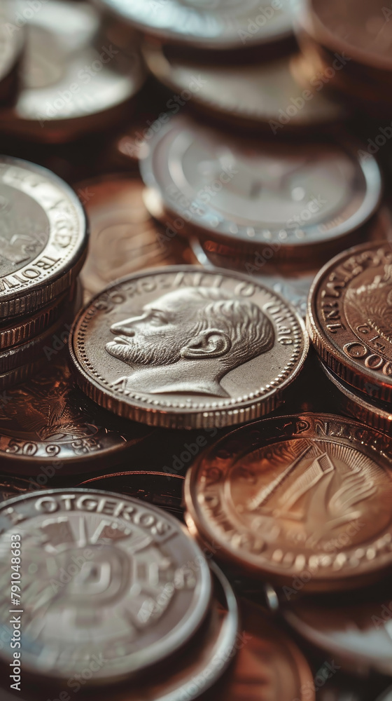 Poster a stack of coins with a variety of colors and sizes
