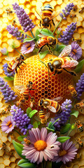 May 20, World bee day. A lively swarm of bees is illustrated in a sea of vibrant flowers and honeycomb, celebrating the beauty and importance of pollination - 791049007