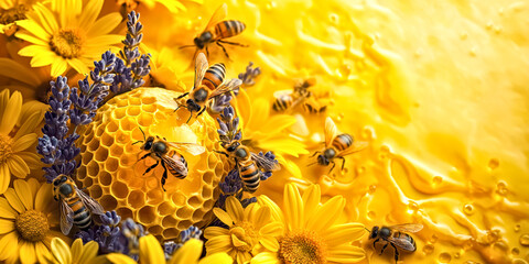 May 20, World bee day. A lively swarm of bees is illustrated in a sea of vibrant flowers and honeycomb, celebrating the beauty and importance of pollination - 791049025