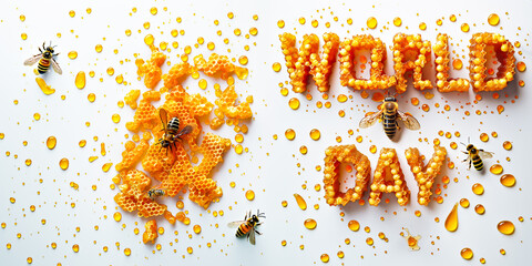 A honeybees are hovering over a honeycomb that spells out the word 